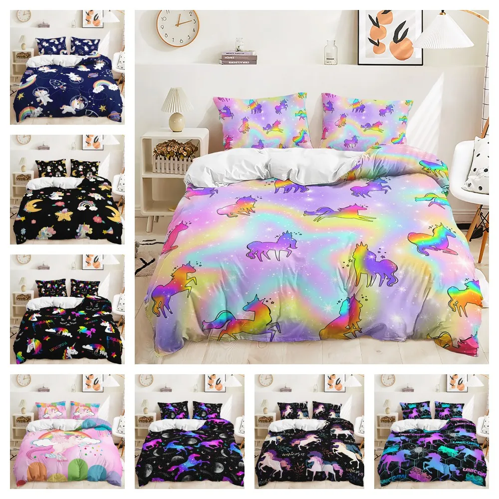 

3D high-definition cartoon cute unicorn quilt cover bedding children's quilt cover double extra large home textile four-piece se