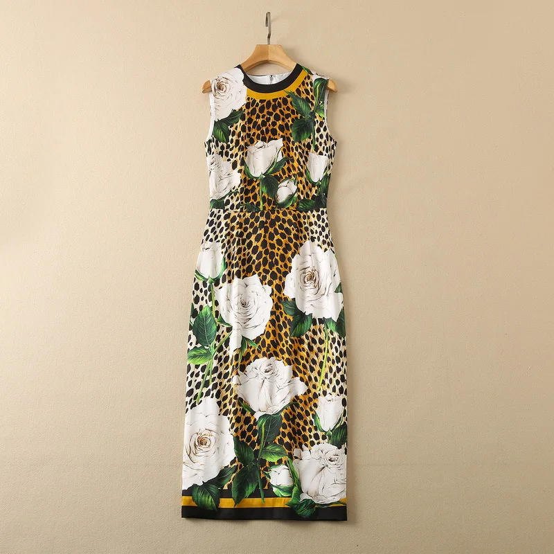 European and American women's wear autumn 2022 new styles  Sleeveless round neck rose leopard print  Fashionable silk dress