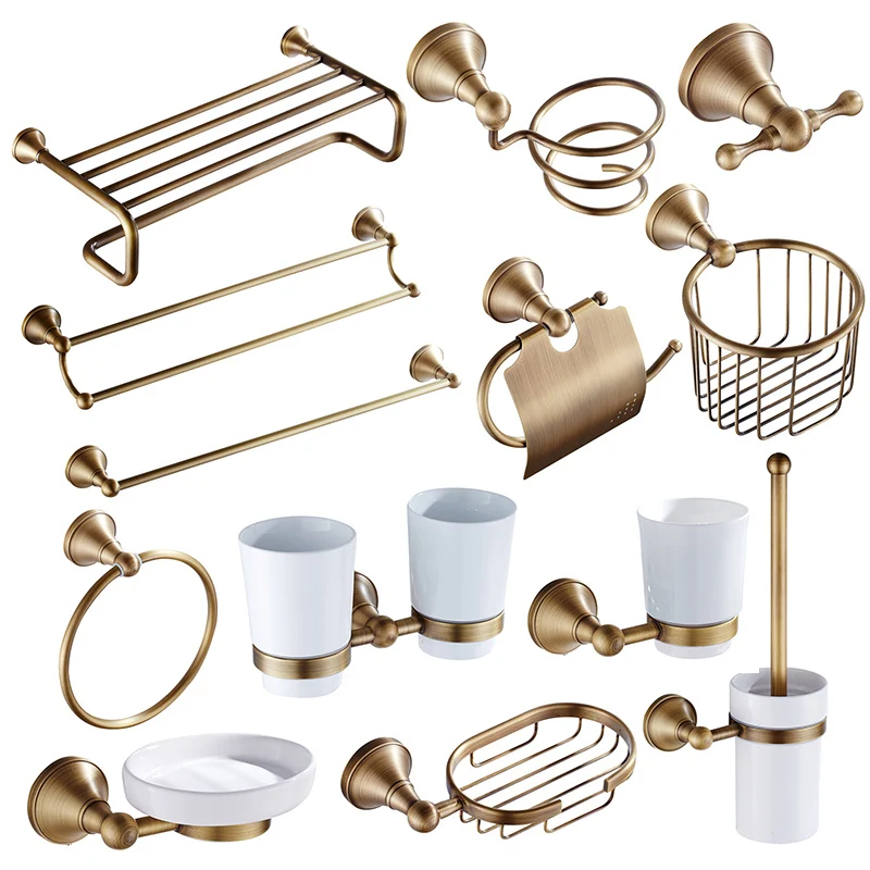 

Bronze Hardware Set Antique Hair Dryer Rack Coat Towel Shelf Rail Bar Shower Soap Dish Holder Toilet Brush Bathroom Accessories