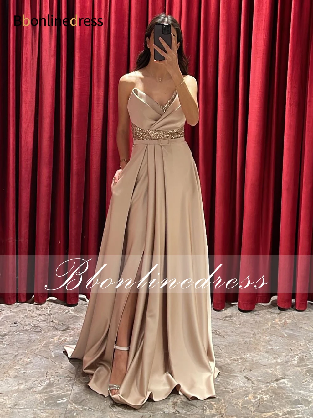 

Bbonlinedress Satin Strapless Prom Dresses For Women 2023 Pleat V Neck Party Gown Sparkly Sequined Long Evening Dress Vestidos