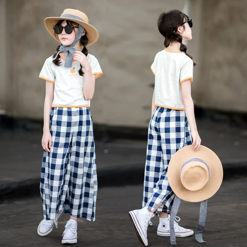 

4 To 16Years, 2022 New Wide Leg Thin Summer Children Retro Plaid Casual Girls Trousers Kids Loose Pants Elastic High Waist A538