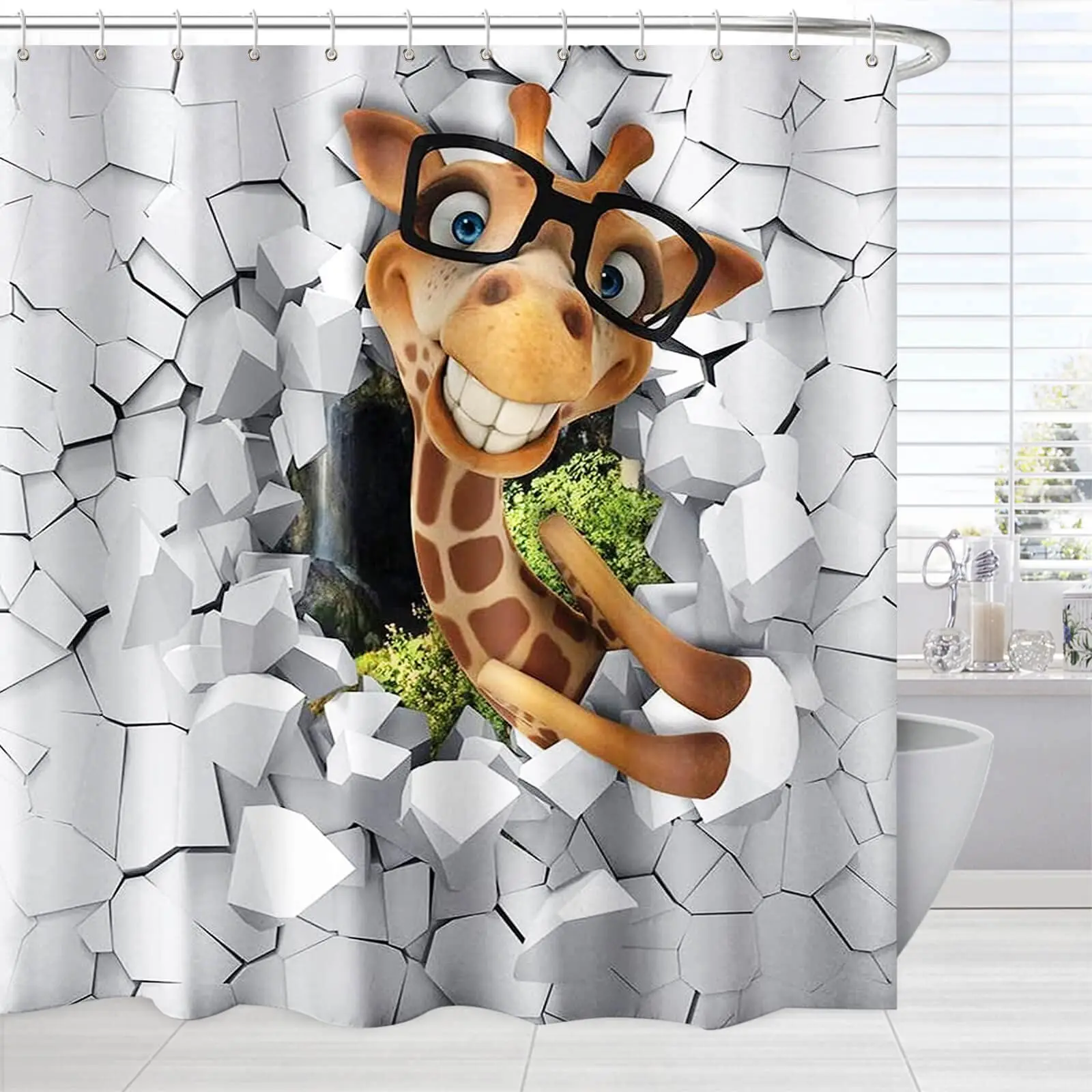 

Funny Cartoon Giraffe Shower Curtain Giraffe Glasses Bubble Decor Bathtub Wild Animals Bathroom Waterproof Fabric Bath Shower