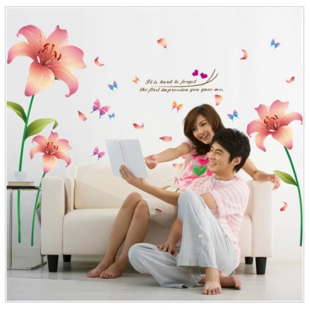 

New 3D Love Lily Pink Flowers Sitting Room The household adornment of the bedroom wall stickers on the wall AY9274