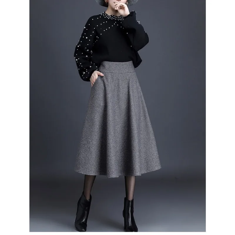 Зимняя женская длинная шерстяная юбка с высокой талией элегантная толстая