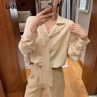 2022 spring summer korean elegant v neck long sleeved professional shirt design chiffon bottoming shirt womens solid blouse
