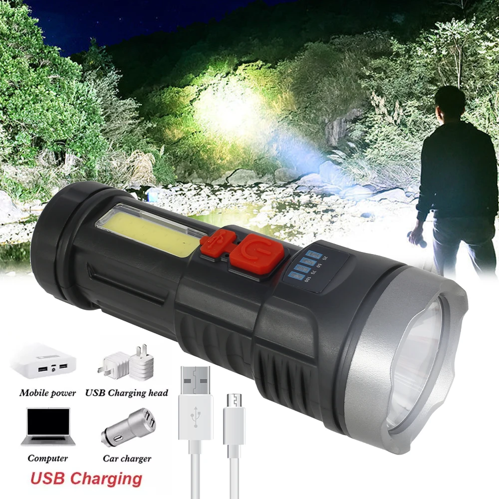 

4 Modes COB LED Flashlight Zoom Torch USB Rechargeable Tactical Flashlight Torches Camping Hunting Waterproof Mini Flashlights