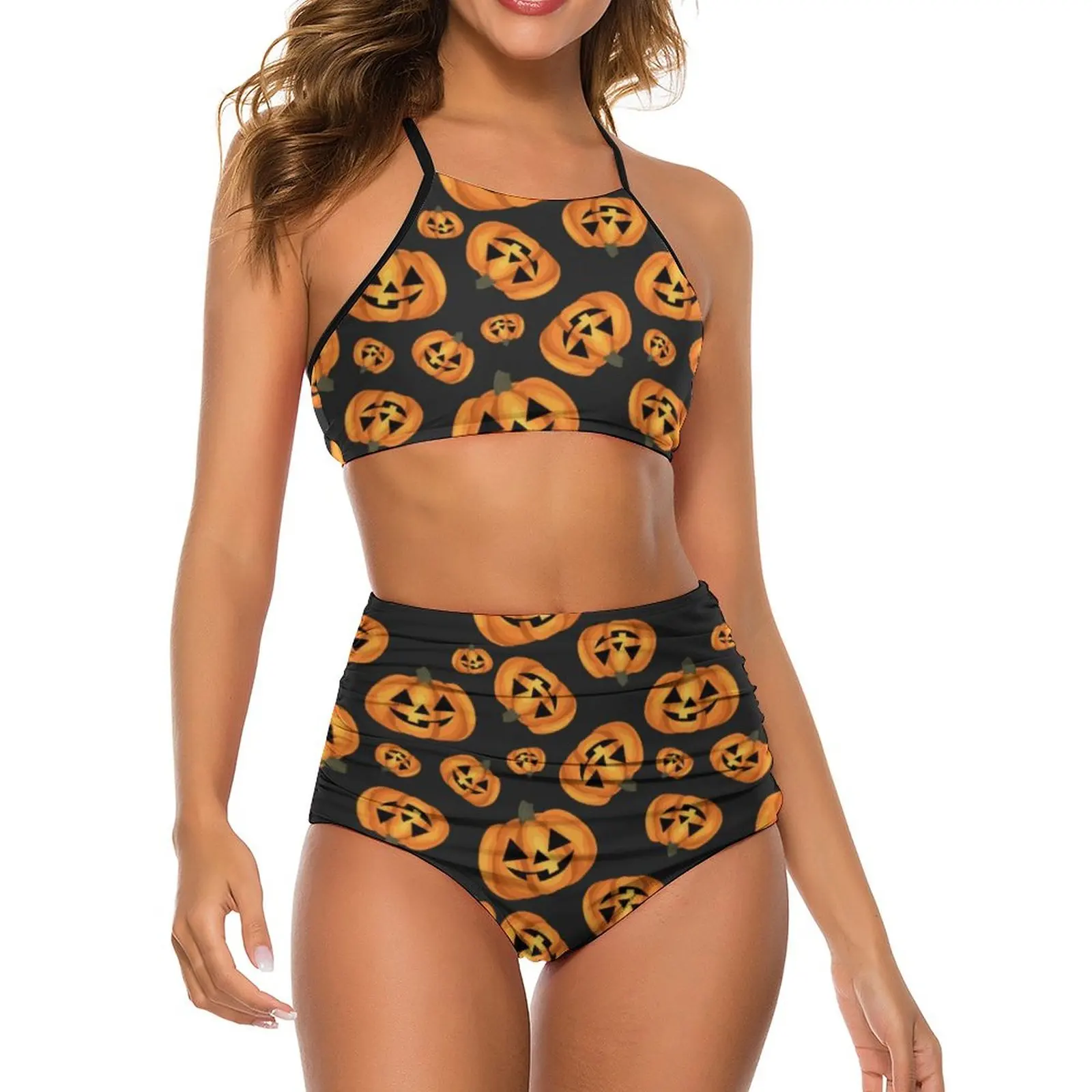 

Funny Halloween Bikini Swimsuit Sexy Happy Pumpkin Face High Waisted Bikinis Set Women Two Piece Swimwear Graphic Bathing Suit