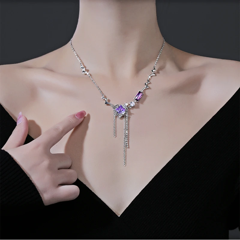 

Korean New Purple Crystal Love Heart Necklace Fashion Tassels Design Senior Sense Delicate Romantic Sweater Chain Free Shipping