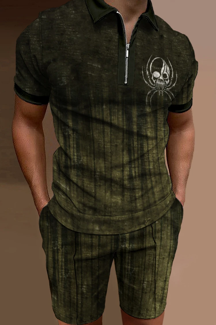 2023 Men Fashion Geometric 3D Printed Summer V-neck Zipper Short Sleeve POLO Shirt + Shorts Two-piece Men Casual Suit Oversized