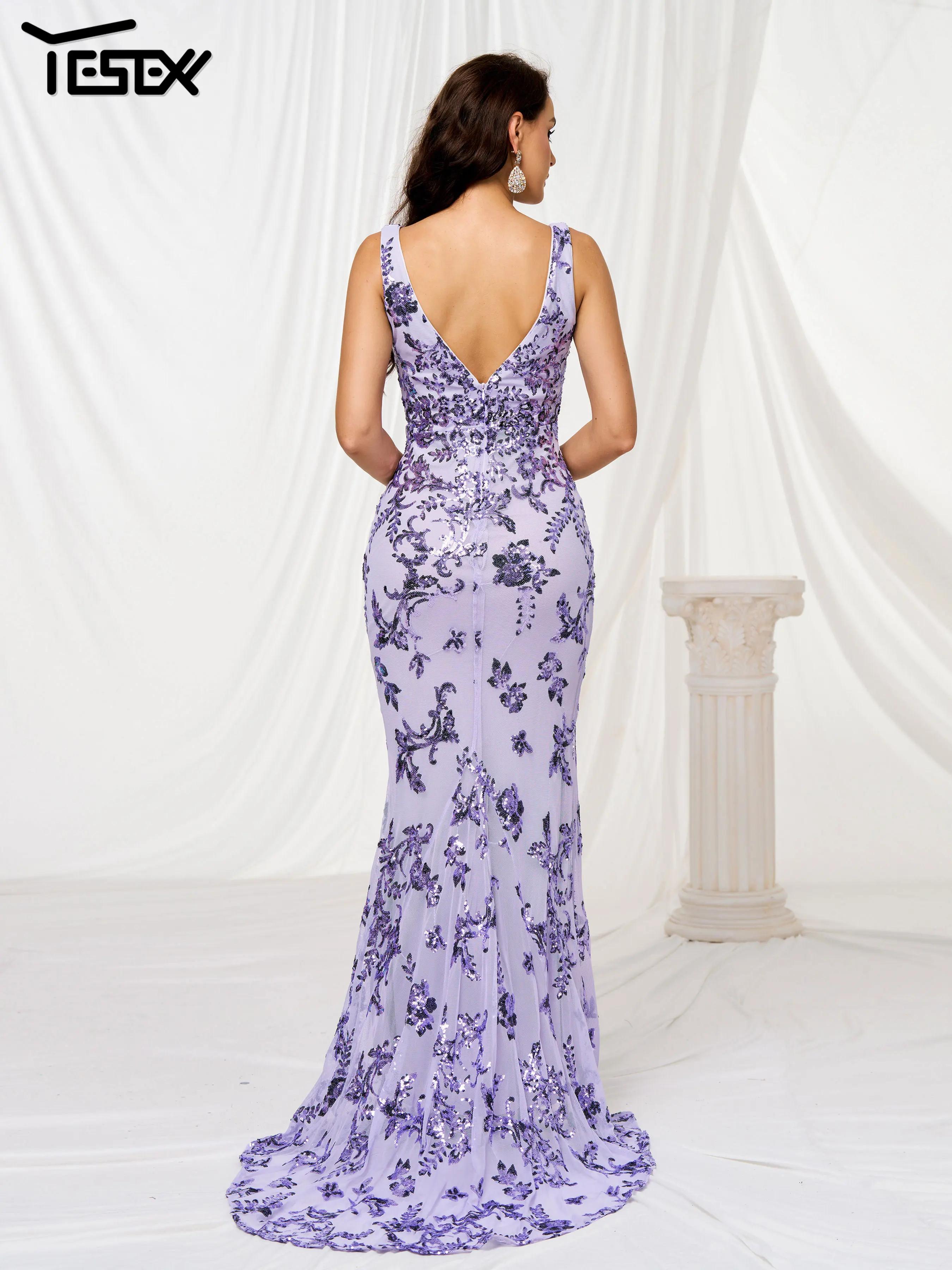 Yesexy 2024 Новое Фиолетовое Женское вечернее платье с V-образным вырезом блестящее