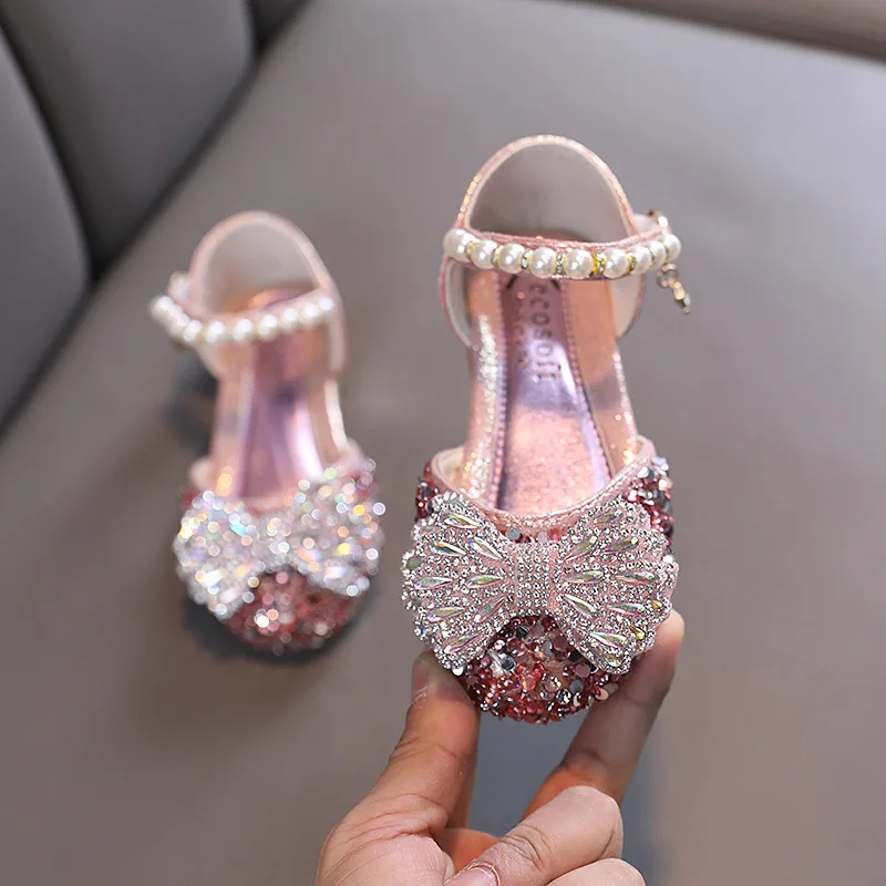 2022 Girls Bow Rhinestone Shoes Summer Girls Princess Sandals Fashion Pearl Children Dance Wedding Performance Sandals