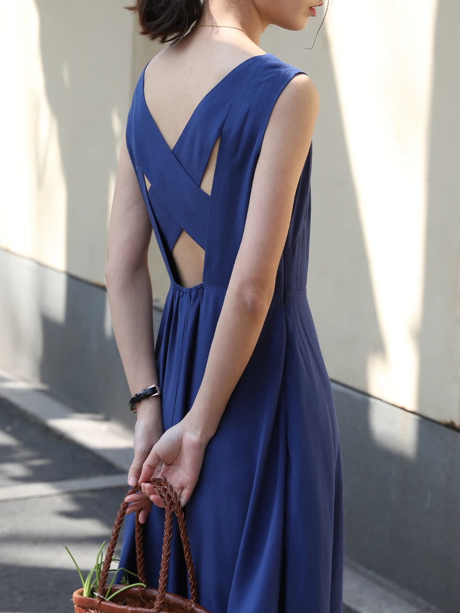 Spring Summer Women Simple Vintage Inspired Romantic Blue Black Sleeveless Tank Maxi Dresses