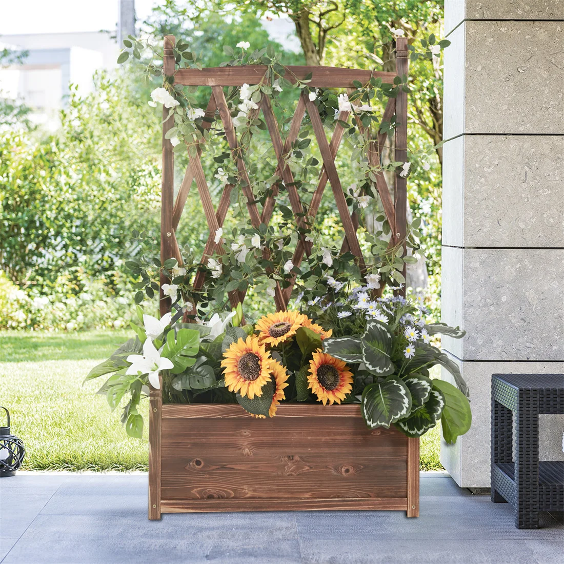 

Large Wood Planter Raised Bed with Trellis, 45.2 Inch Height Free-Standing Planter for Garden Yard