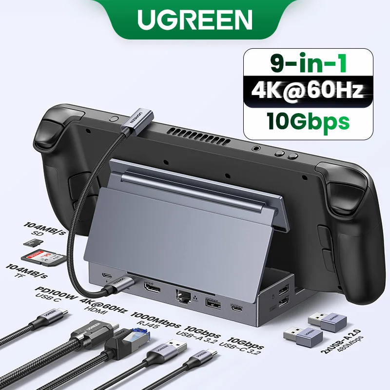 (RU Special) Док-станция UGREEN Revodok Steam Deck 9-в-1 USB-C до 4K60 Гц 10 Гбит/с USB-A&ampC 1000 Мбит/с RJ45 PD100W