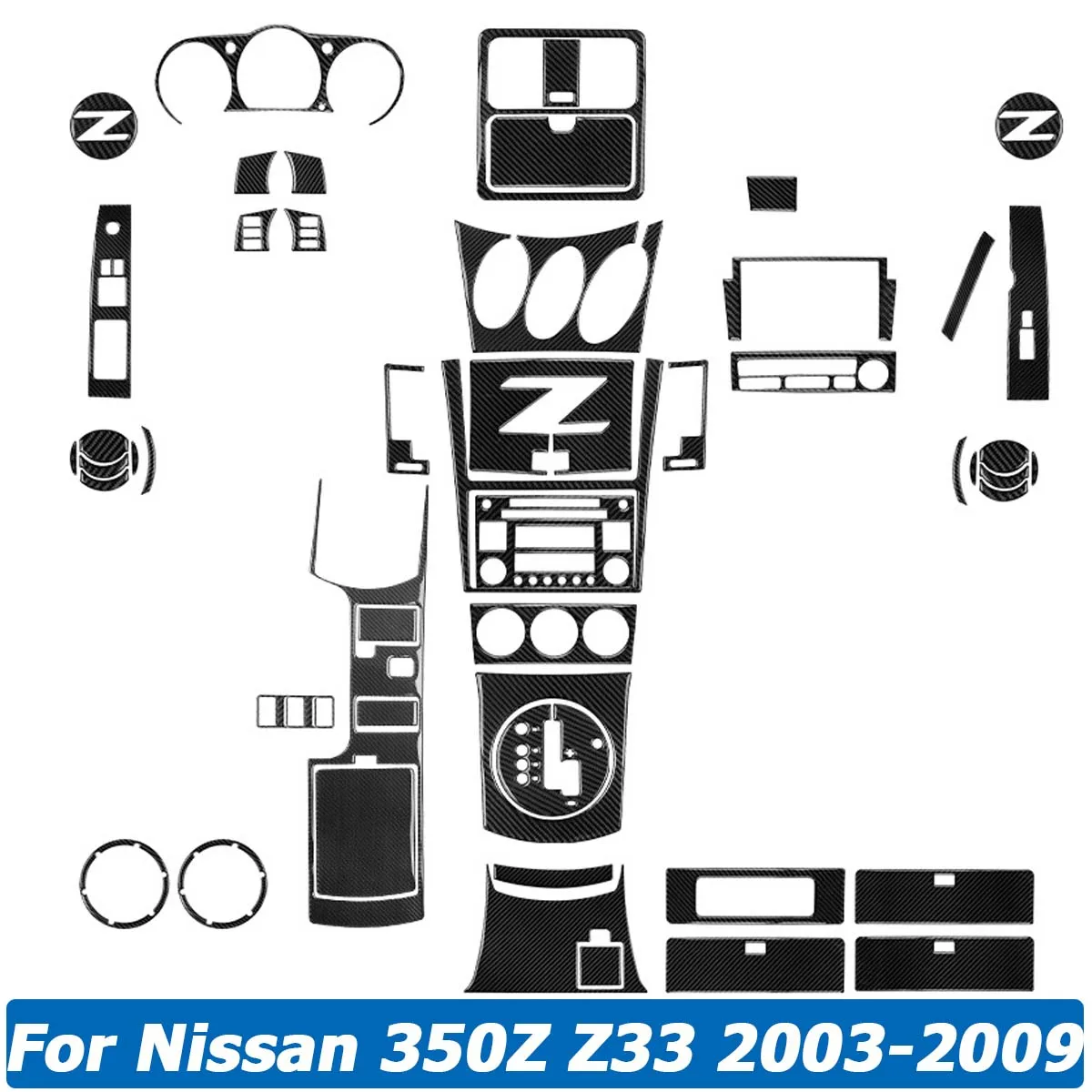 สำหรับ Nissan 350Z Z33 2003-2009คาร์บอนไฟเบอร์สติกเกอร์พวงมาลัย Central Control เกียร์ตกแต่งภายในชุดอุปกรณ์เสริม