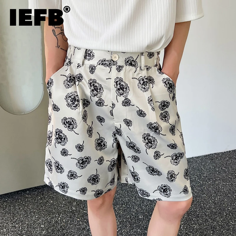 

IEFB Male Summer Korean Printing Casual Shorts Wide Leg Knee Lenght Flowers Short Pants Men's Trendy Loose Everyday New 9A8876