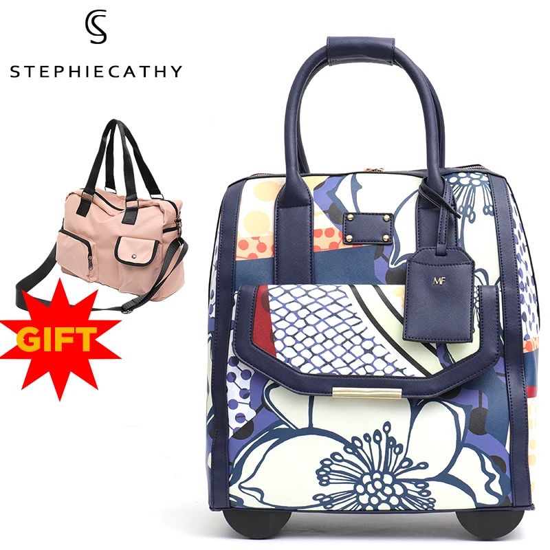 

SC Women Beauty Travel Suitcase Case on Wheeled Carry Flight Hand Pattern Leather Girl Trolley Rolling Laptop Pocket Luggage