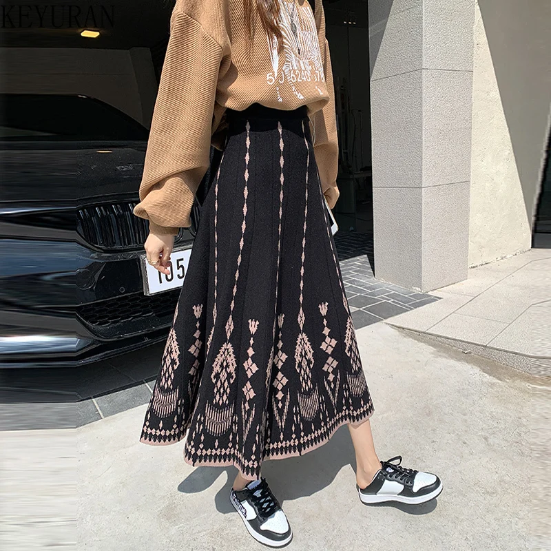 

Женская трикотажная юбка-трапеция средней длины, повседневная универсальная трапециевидная юбка с принтом в Корейском стиле, новинка осен...