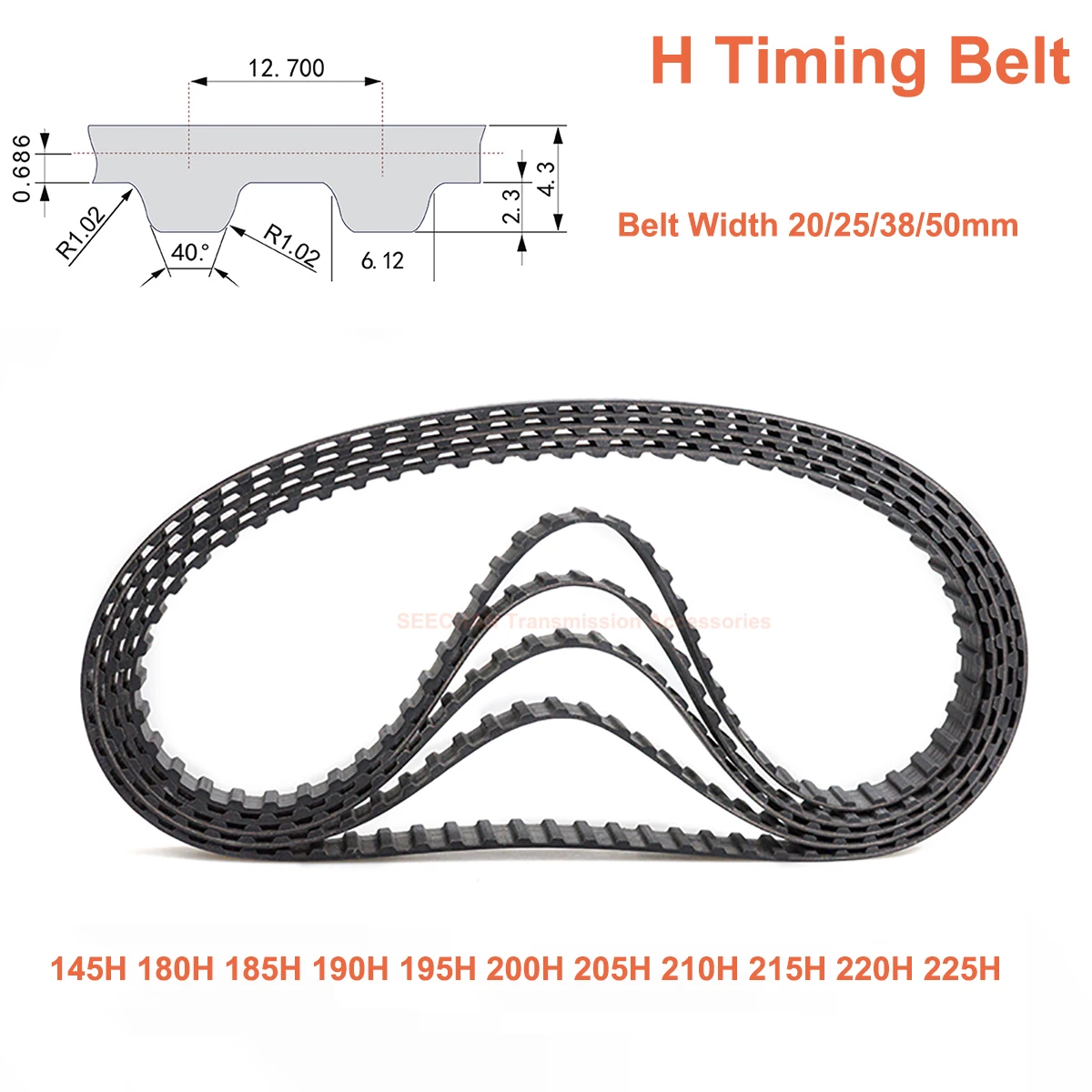 H Trapezoidal Tooth Timing Belt Width 20/25/38/50mm Closed-loop Rubber Synchronous 145H~225H Transmission Pitch 12.7mm