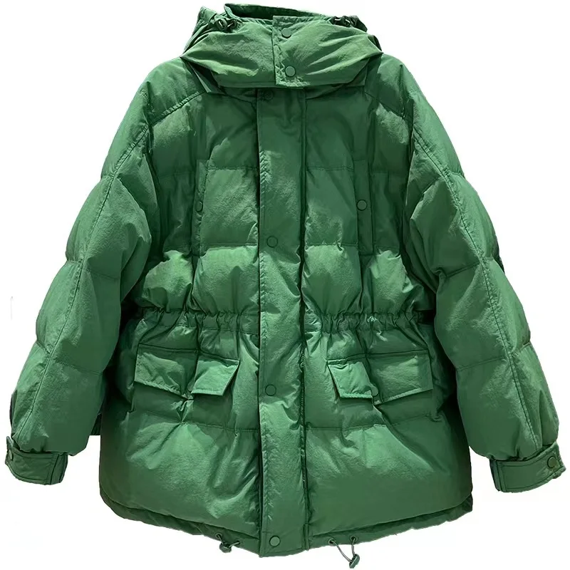 Winter Down Jacket Women's Medium Long Loose Thick Cotton Clothing New White Eiderdown Hooded Waist Jacket Match Everything