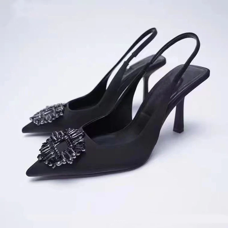 

ZA Black Pointed Temperament Small Fragrant Muller Shoes Water Diamond Pointed Square Buckle Slim Heels