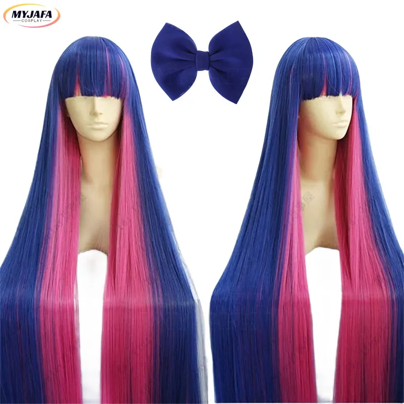 

Anime Panty & Stocking With Garterbelt Stocking Anarchy Cosplay Wig 100cm Long Mixed Blue Pink Heat Resistant Hair Wigs + WigCap