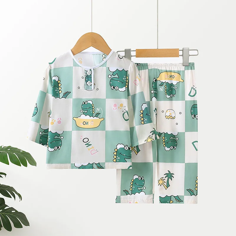 1-9Years Toddler Baby Sleepwear Kids Unisex Casual Pajama Suit Cartoon Dinosaur Print Half Sleeve Loungewear Boys Girls Clothes