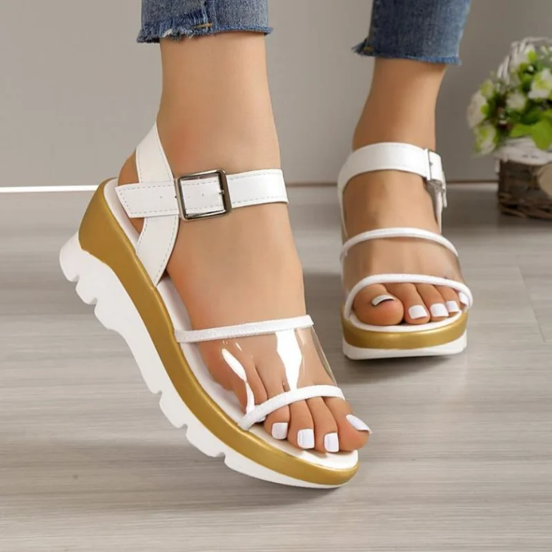 

Clear Pvc Wedges Sandals for Women Summer Thick Bottom Anti Slip Rome Sandalias Mujer Light Ankle Strap Chunky Platform Sandals