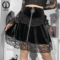%e3%80%90pentagram zipper%e3%80%91 vintage sexy velvet high waist lace up mini skirts goth black college style lace trim skirt e girl streetwear