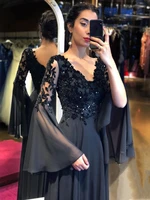 elegant black evening dresses 2021 flare long sleeve v neck lace appliques sequins backless floor length a line party prom gown
