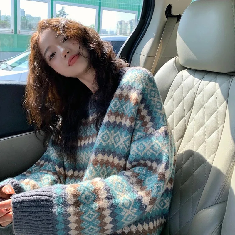 

2022 Autumn and Winter New Women's Korean Version of The Retro Fashion Printing Sweater Pullover Loose Warm Cashmere Sweater