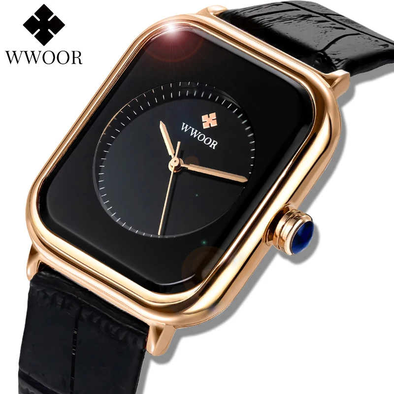

WWOOR Fashion Casual Square Watch For Women Leather Quartz Wristwatches Ladies Dress Waterproof Elegant Clock Gift Reloj Mujer