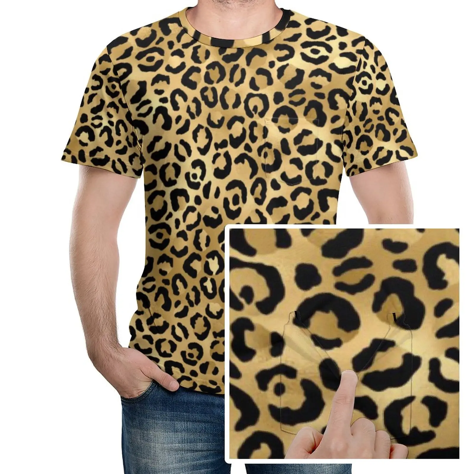 

Черно-Золотая Футболка с леопардовым принтом, Винтажные Футболки с животными гепардом, с карманами, топы с коротким рукавом, летние Забавные футболки оверсайз
