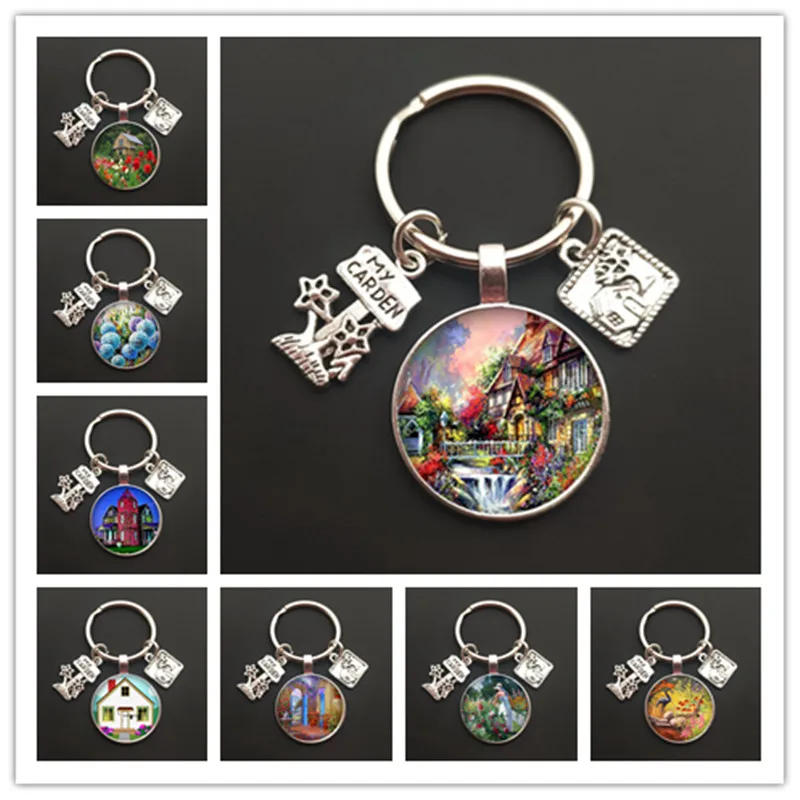 Новый брелок для ключей цветочного дома в стиле садового искусства, рисунок на стекле, цепочка для сумки, оберег для ювелирных изделий в подарок.