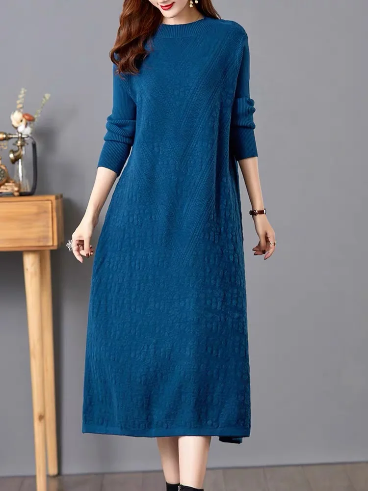 

Женское трикотажное жаккардовое платье-свитер, голубое элегантное толстое теплое Повседневное платье-свитер в Корейском стиле для осени и зимы, 2023