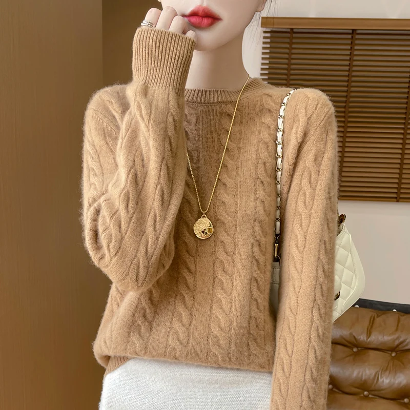 Женский кашемировый свитер с круглым вырезом Свободный теплый вязаный пуловер