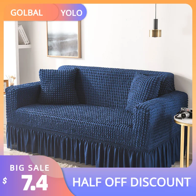 

Light Luxury Solid Color Fabric Sofa Cover Seersucker Skirt Slipcovers Elastic Sofa Covers for Living Room 1/2/3/4 Seater