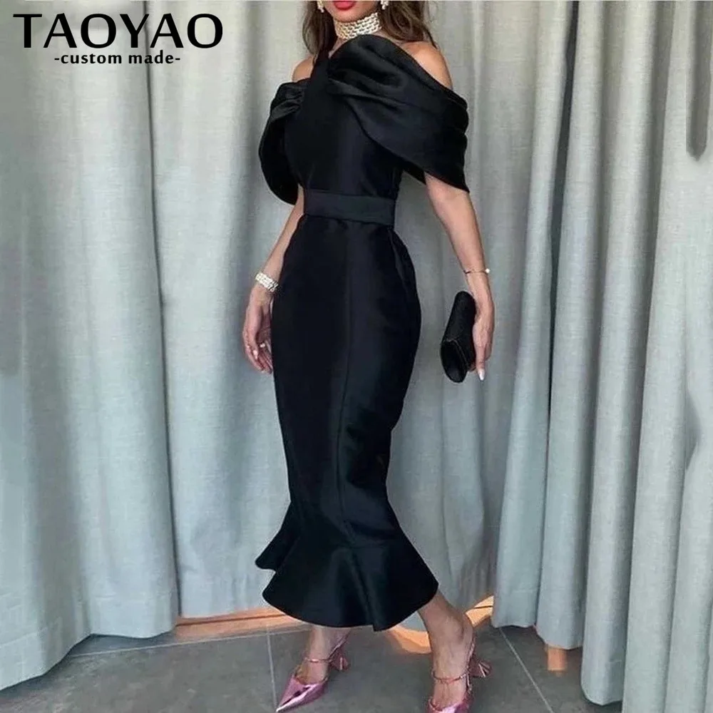 

Женское вечернее платье-русалка, черное атласное платье до щиколотки с вырезом лодочкой и рукавами-крылышками, бальное платье для выпускно...