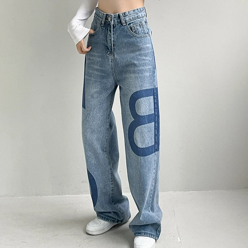 

Fashion Letter Print Jeans Ins High Street Women's Men's Loose Wide Leg Straight Pants Vintage Washed Denim Trousers Cotton
