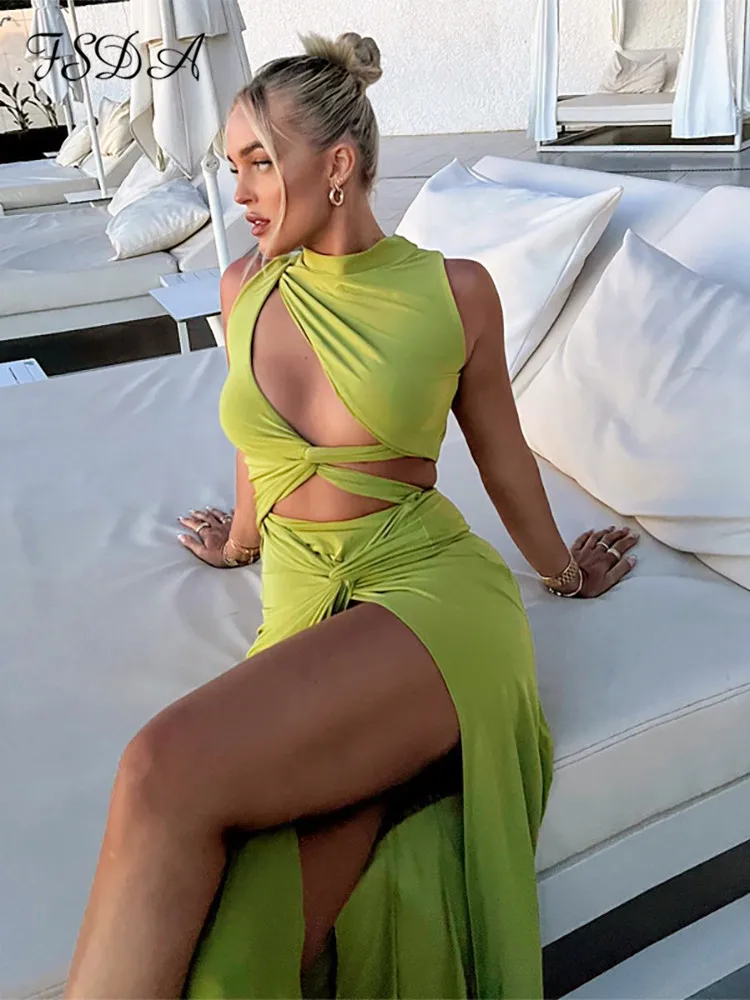 

FSDA Sleeveless Hollow Out Midi Women Dress Beach Sexy Green Split 2022 Bandage Club Summer Bodycon Dresses Party