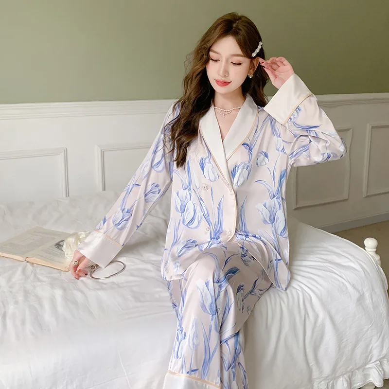 

Шелковые мягкие комплекты Pj, домашняя одежда, 2 теплого оттенка, пижама с синим рукавом, на пуговицах, Длинная женская одежда для сна с принто...