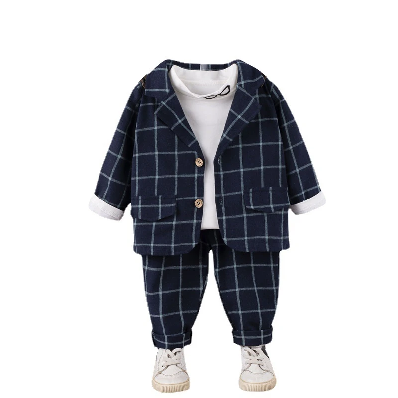 

New Spring Autumn Baby Boys Clothes Children Casual Plaid Coat T-Shirt Pants 3Pcs/Sets Toddler Gentleman Costume Kids Tracksuits