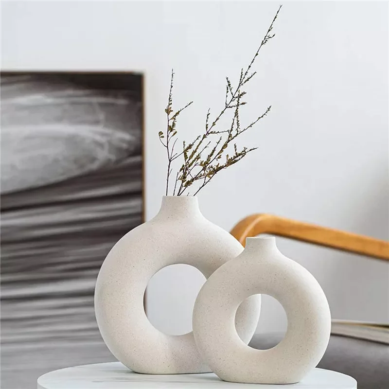 

NEW2023 Nordic vase round hollow ceramic donut flower pot home living room decoration accessories indoor office desktop decorati