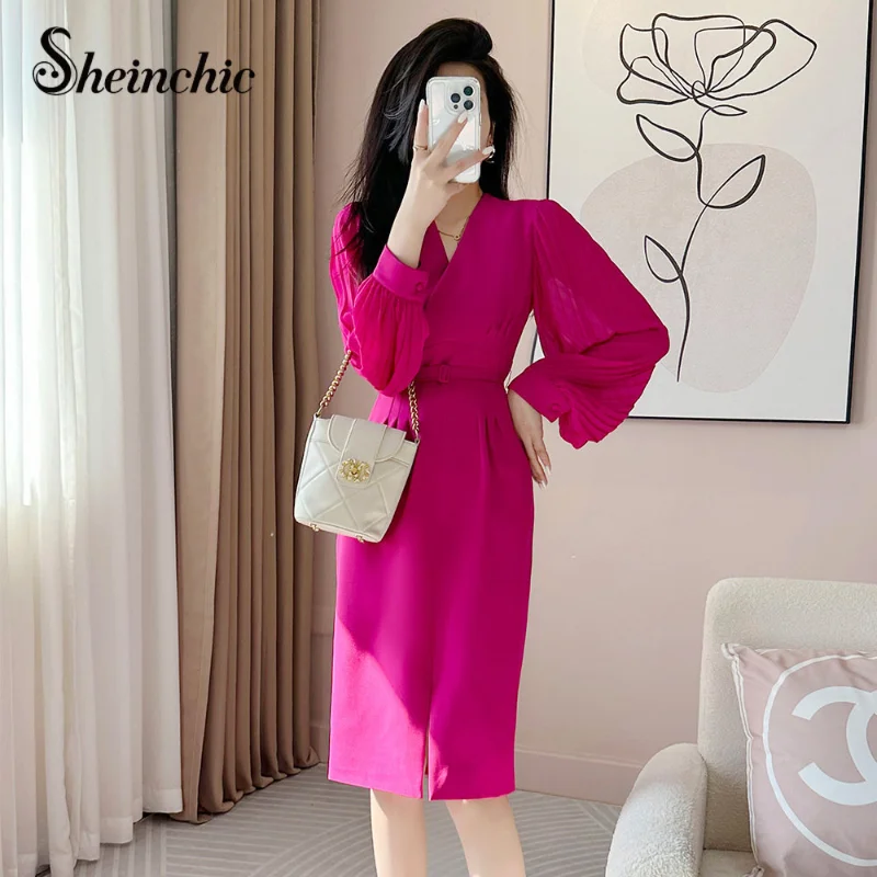 

Korean Fashion Streetwear 2023 Spring Summer Office Ladies Elegant Sashes V-neck Long Sleeve Pink Dress Women Vestidos Midi