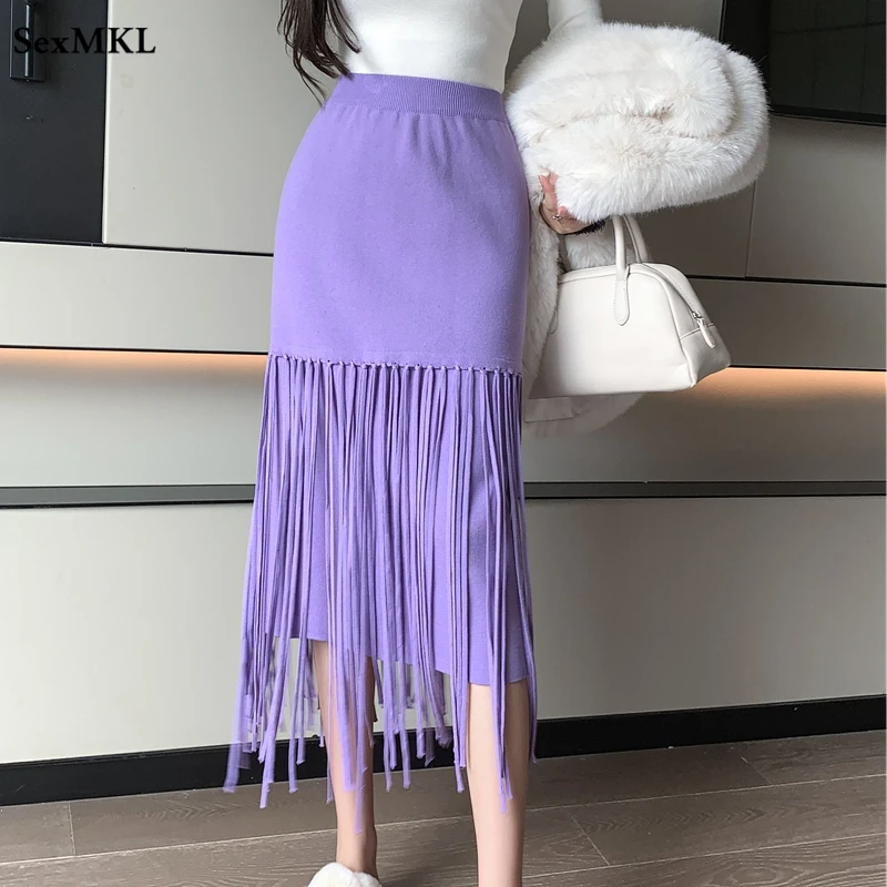 

Tassel Knitted Long Skirts Women 2023 Autumn Winter High Waist Straight Faldas Largas Casual Korean Style Bodycon Black Skirt