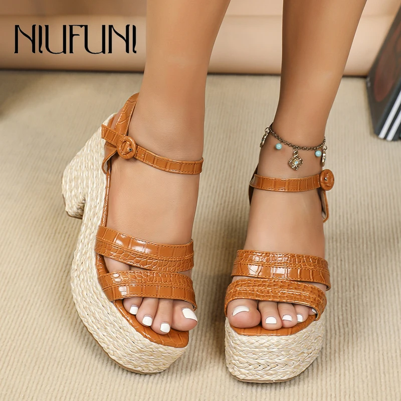 

NIUFUNI Platform Wedges Women's Sandals Rattan Grass Woven Summer Buckle Thick High Heels Hollow Straps Ethnic Style Bohemian