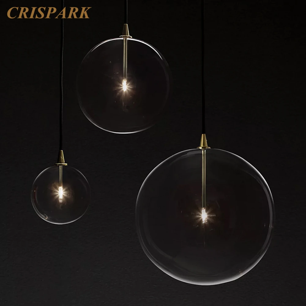 

Glass Globe Mobile Pendant Home Kitchen Island Hanging Lamp LED Clear Glass Orb Black Cord Lighting Fixture for Bedside Foyer