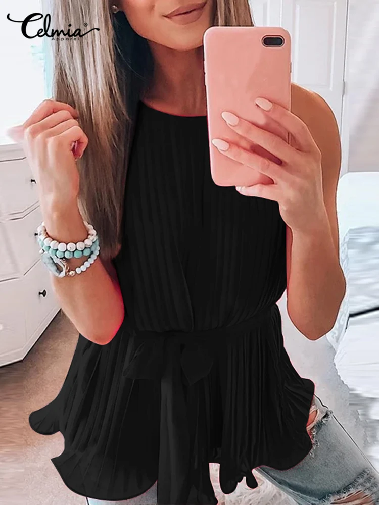 

Celmia праздничные летние расклешенные рубашки, элегантные плиссированные майки, модные женские блузки без рукавов с круглым вырезом, повседн...