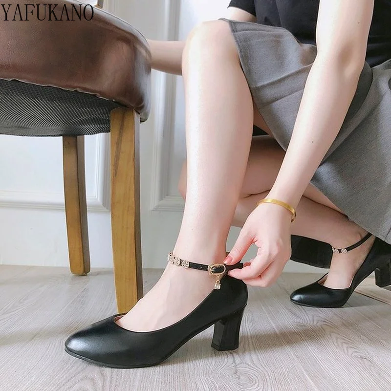 

Sexy Pumps Women New Spring Autumn Shoes Buckle Strap High Heels Shoes Fashion Round Toe Professional Square Heel Work Shoes