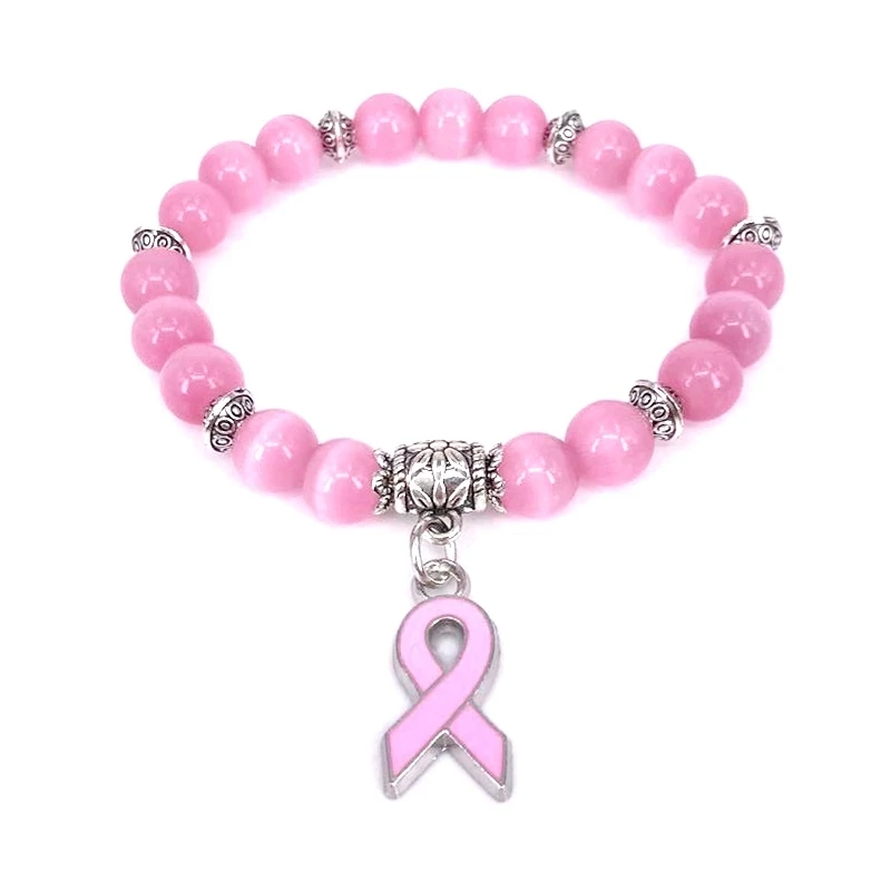 

New Breast Cancer Awareness Pink Ribbon Charm Bracelet 5 Color Cat Eye Opal 8mm Beads Bracelets & Bangles